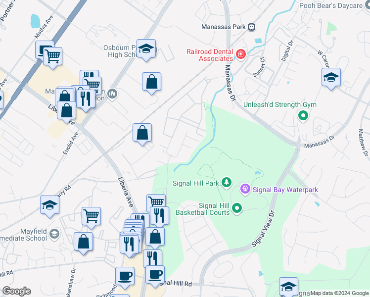map of restaurants, bars, coffee shops, grocery stores, and more near 8203 Maude Lane in Manassas