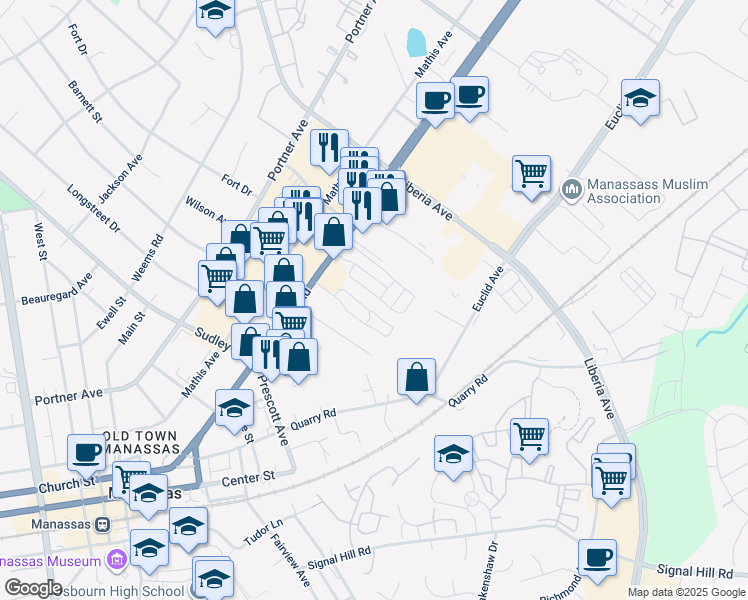 map of restaurants, bars, coffee shops, grocery stores, and more near 9011 Centreville Road in Manassas