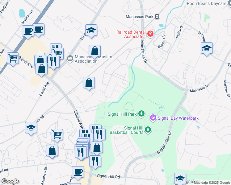 map of restaurants, bars, coffee shops, grocery stores, and more near 8203 Maude Lane in Manassas