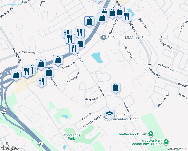 map of restaurants, bars, coffee shops, grocery stores, and more near 24 Honey Locust Lane in Saint Charles