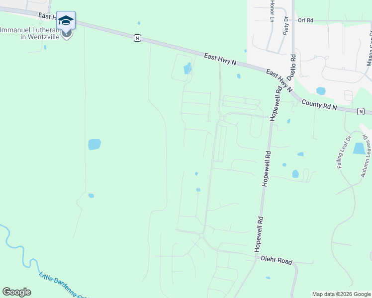 map of restaurants, bars, coffee shops, grocery stores, and more near 52 Gallop Drive in Wentzville