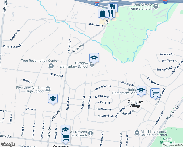map of restaurants, bars, coffee shops, grocery stores, and more near 10539 Renfrew Drive in St. Louis
