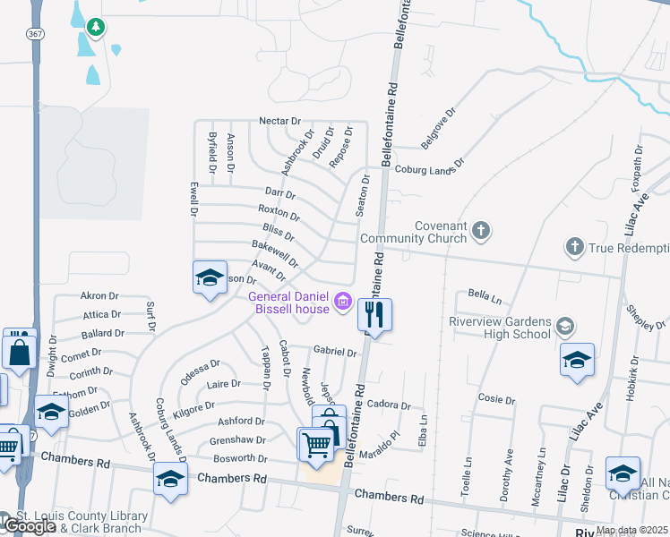 map of restaurants, bars, coffee shops, grocery stores, and more near 10379 Coburg Lands Drive in St. Louis