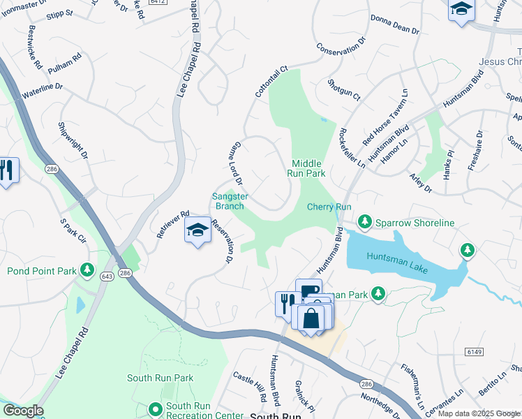 map of restaurants, bars, coffee shops, grocery stores, and more near 7171 Game Lord Drive in Springfield