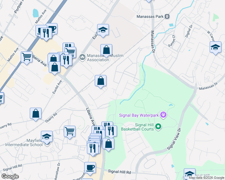 map of restaurants, bars, coffee shops, grocery stores, and more near 9100 Graves Lane in Manassas