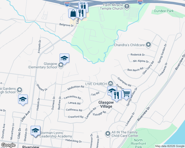 map of restaurants, bars, coffee shops, grocery stores, and more near 10605 Dunkeld Circle in St. Louis
