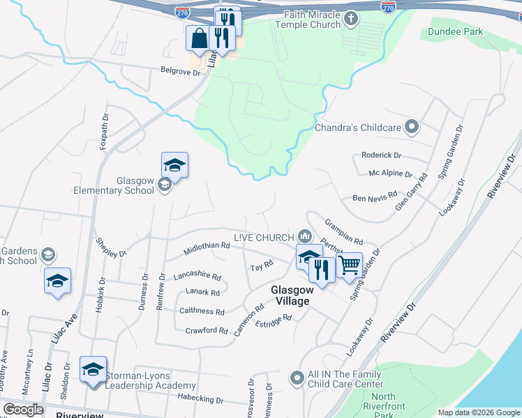 map of restaurants, bars, coffee shops, grocery stores, and more near 10605 Dunkeld Circle in St. Louis