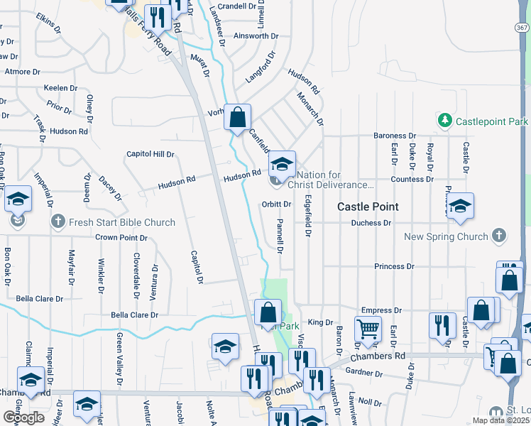 map of restaurants, bars, coffee shops, grocery stores, and more near 2165 Orbitt Drive in St. Louis
