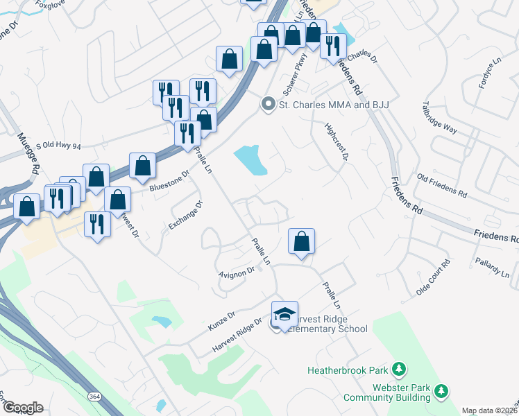map of restaurants, bars, coffee shops, grocery stores, and more near 105 Honey Locust Lane in Saint Charles