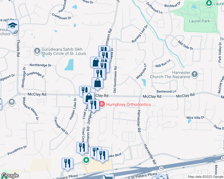 map of restaurants, bars, coffee shops, grocery stores, and more near 502 Country Manor Drive in St. Peters