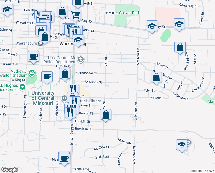 map of restaurants, bars, coffee shops, grocery stores, and more near 502 Anderson Street in Warrensburg