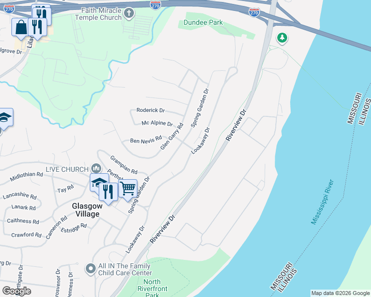 map of restaurants, bars, coffee shops, grocery stores, and more near 20 Ben Nevis Road in St. Louis