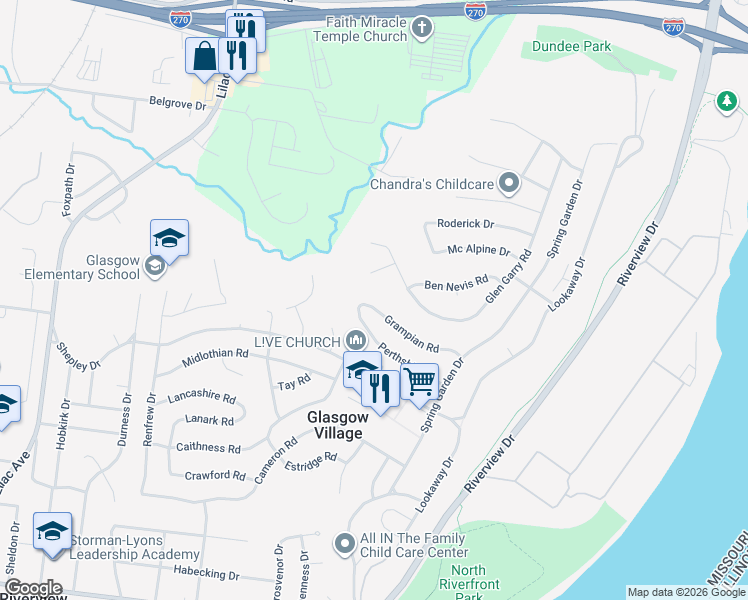 map of restaurants, bars, coffee shops, grocery stores, and more near 10610 Moidart Circle in St. Louis