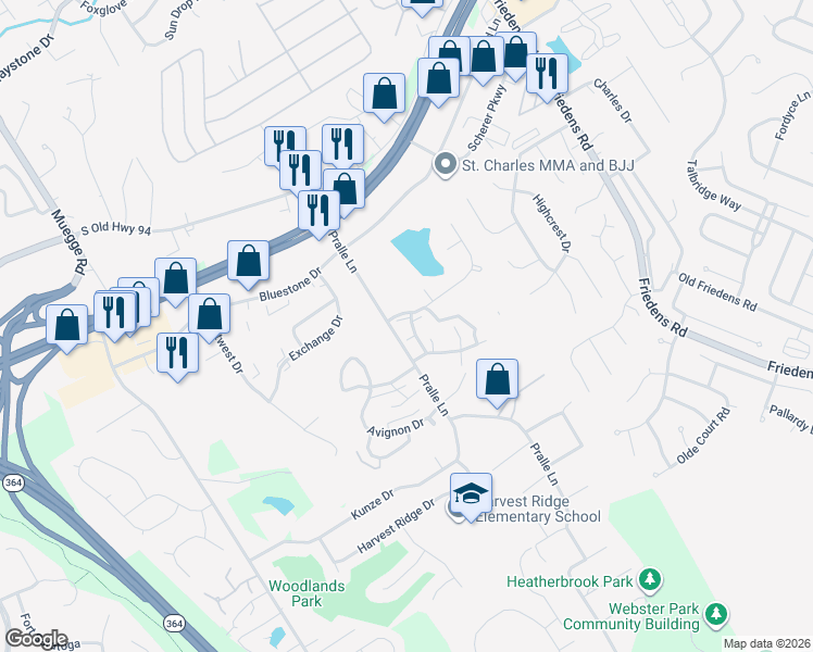 map of restaurants, bars, coffee shops, grocery stores, and more near 105 Honey Locust Lane in Saint Charles