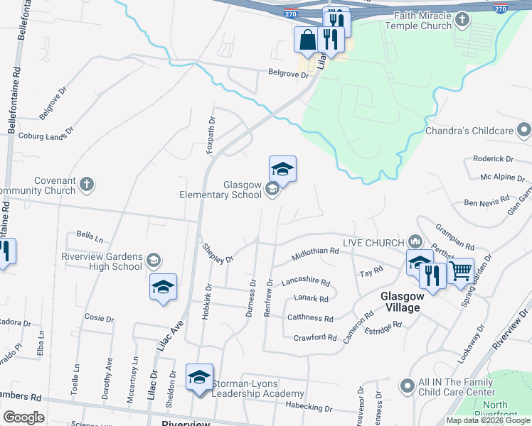 map of restaurants, bars, coffee shops, grocery stores, and more near 10545 Durness Drive in St. Louis