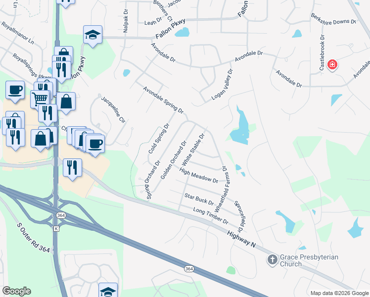 map of restaurants, bars, coffee shops, grocery stores, and more near 1042 Golden Orchard Drive in O'Fallon