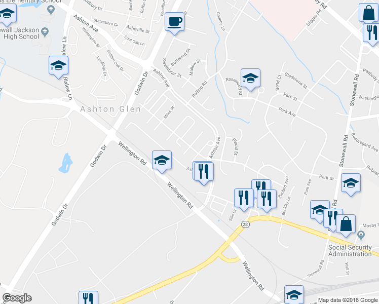 map of restaurants, bars, coffee shops, grocery stores, and more near 9144 Kershaw Court in Manassas
