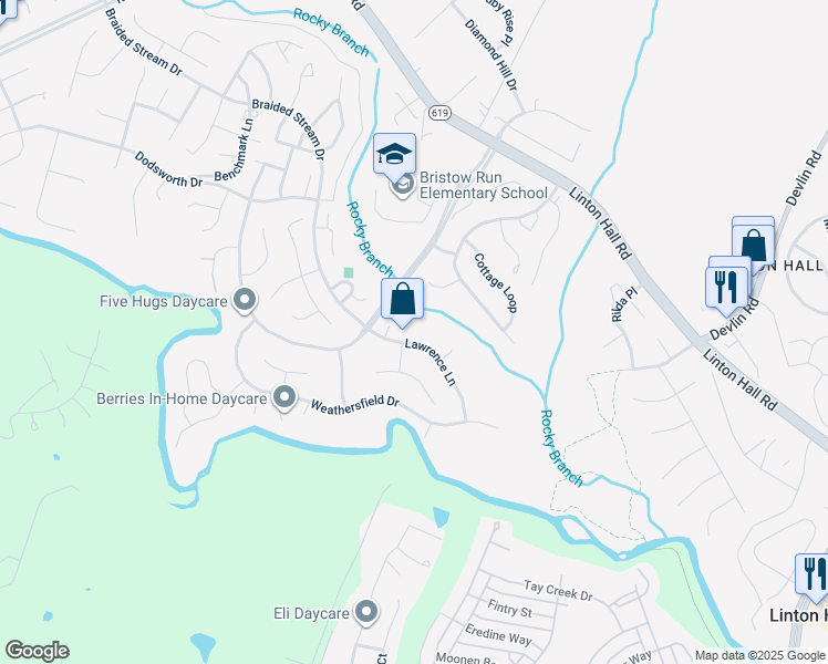 map of restaurants, bars, coffee shops, grocery stores, and more near 13400 Lawrence Lane in Bristow