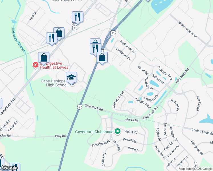 map of restaurants, bars, coffee shops, grocery stores, and more near 16856 Gills Neck Road in Lewes