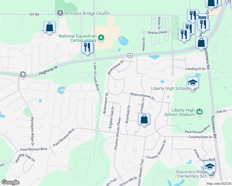 map of restaurants, bars, coffee shops, grocery stores, and more near 1462 Briarchase Drive in Lake Saint Louis