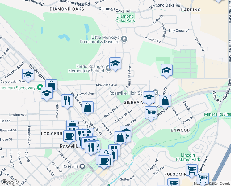 map of restaurants, bars, coffee shops, grocery stores, and more near 400 Sequoia Street in Roseville