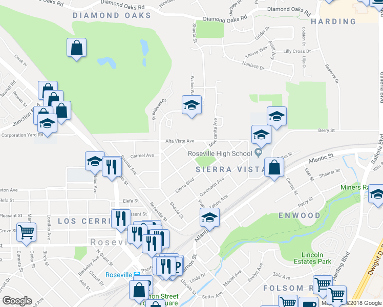 map of restaurants, bars, coffee shops, grocery stores, and more near 416 Alta Vista Avenue in Roseville