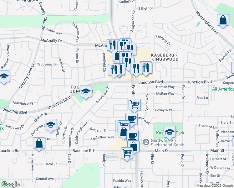 map of restaurants, bars, coffee shops, grocery stores, and more near 1013 Old Mill Circle in Roseville