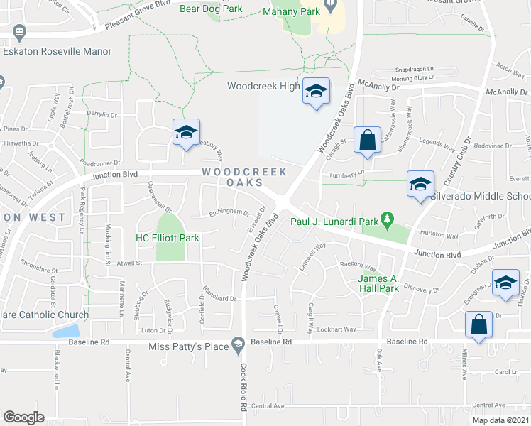 map of restaurants, bars, coffee shops, grocery stores, and more near 1600 Braddock Way in Roseville