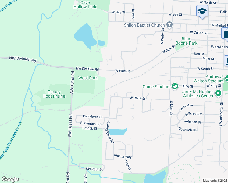 map of restaurants, bars, coffee shops, grocery stores, and more near 631 West Clark Street in Warrensburg