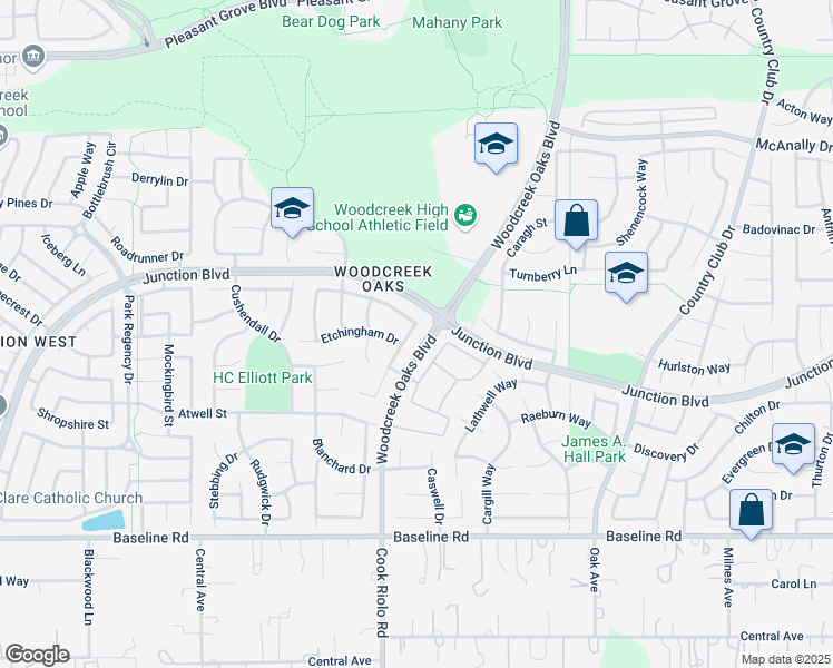 map of restaurants, bars, coffee shops, grocery stores, and more near 1511 Eriswell Drive in Roseville