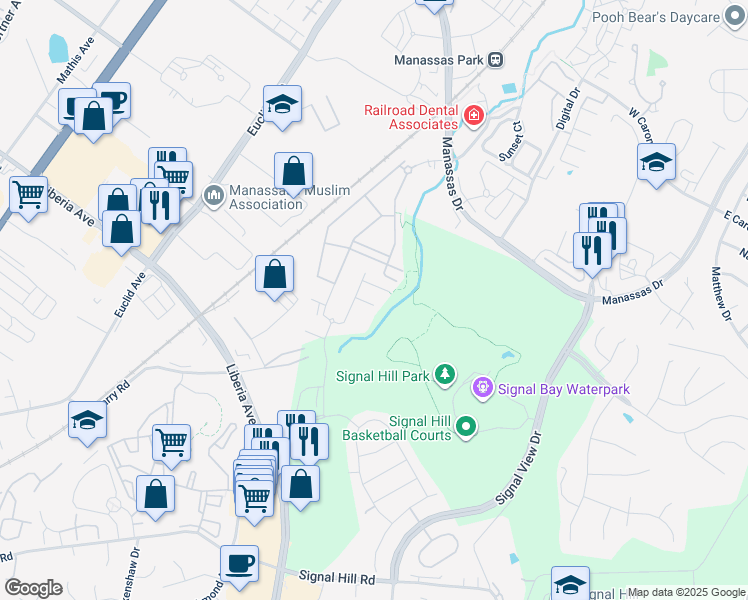 map of restaurants, bars, coffee shops, grocery stores, and more near 8192 Maude Lane in Manassas