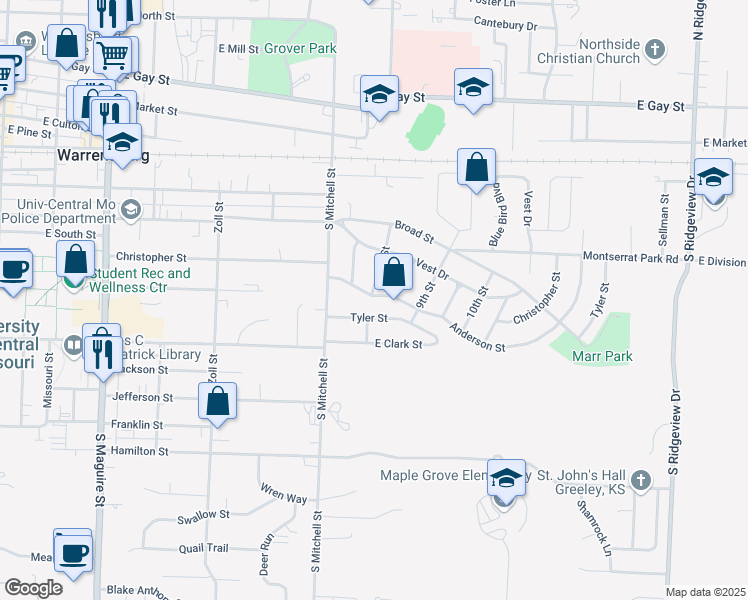 map of restaurants, bars, coffee shops, grocery stores, and more near 800 Anderson Street in Warrensburg