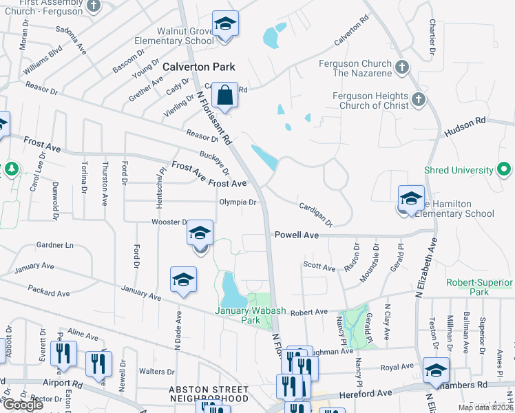 map of restaurants, bars, coffee shops, grocery stores, and more near 15 Olympia Drive in Ferguson