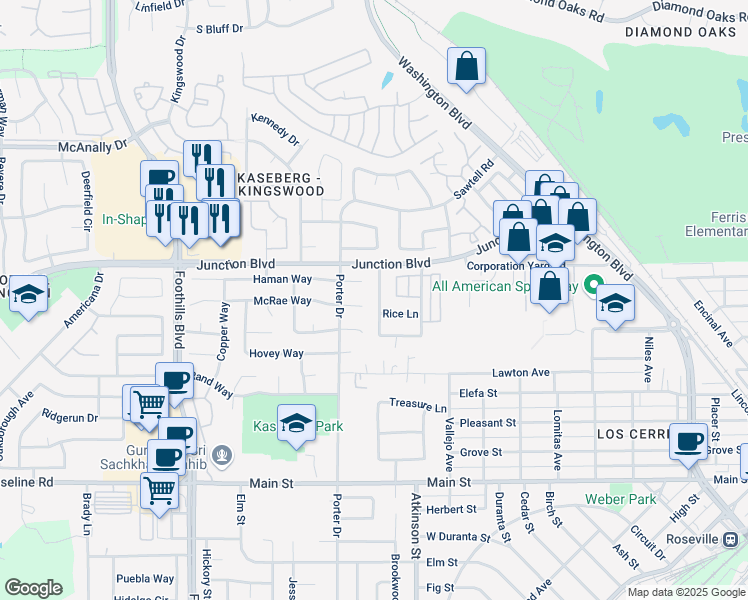 map of restaurants, bars, coffee shops, grocery stores, and more near 618 Carpenter Way in Roseville