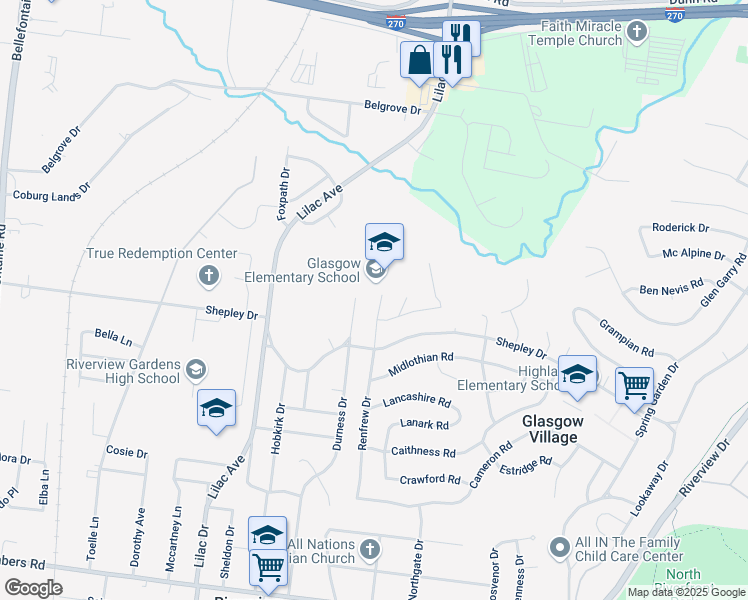 map of restaurants, bars, coffee shops, grocery stores, and more near 10543 Renfrew Drive in Saint Louis