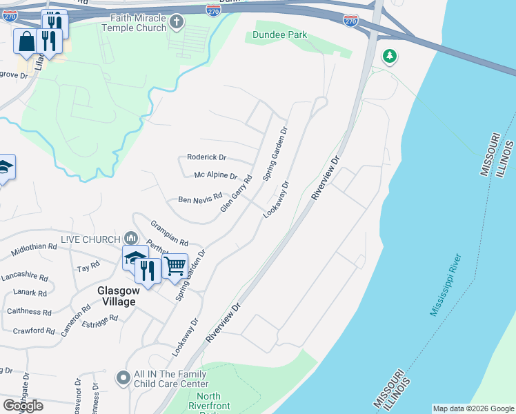 map of restaurants, bars, coffee shops, grocery stores, and more near 20 Ben Nevis Road in St. Louis