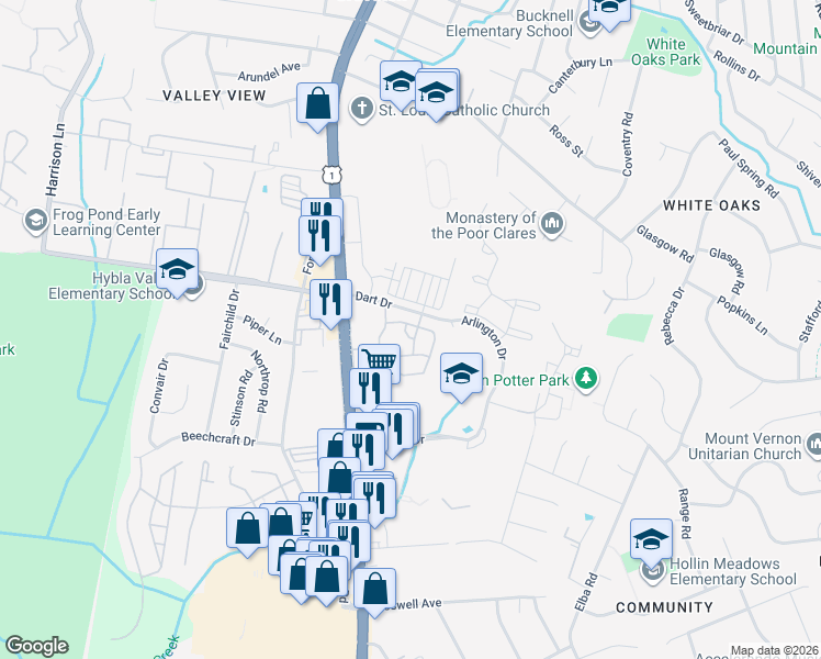map of restaurants, bars, coffee shops, grocery stores, and more near 2975 Camellia Drive in Alexandria