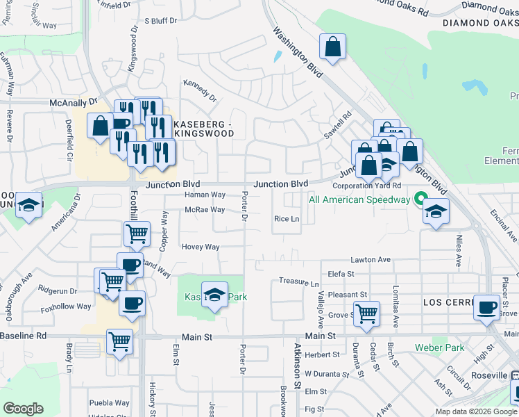 map of restaurants, bars, coffee shops, grocery stores, and more near 125 Haman Court in Roseville