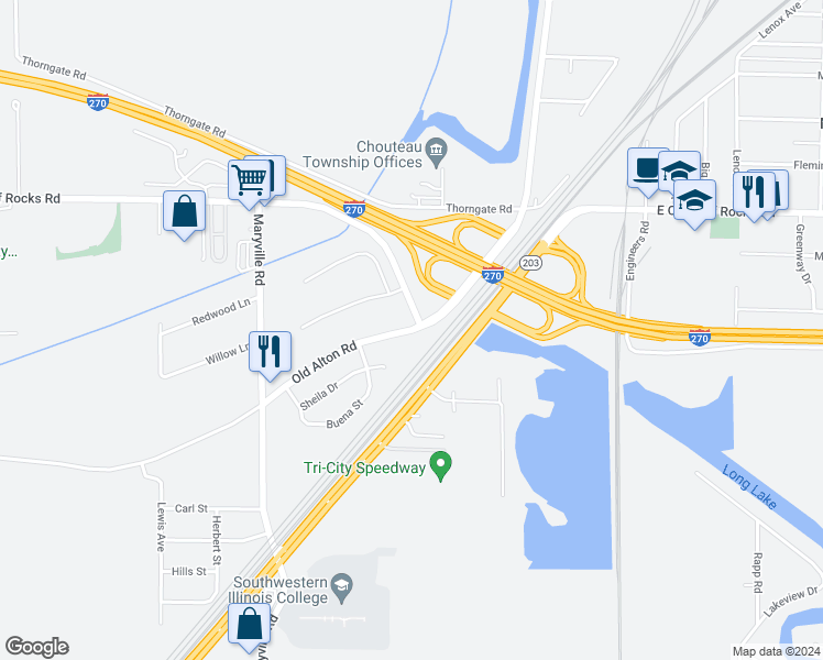 map of restaurants, bars, coffee shops, grocery stores, and more near Old Alton Road in Granite City