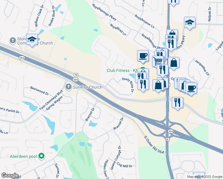 map of restaurants, bars, coffee shops, grocery stores, and more near 218 Dusty Rose Drive in O'Fallon