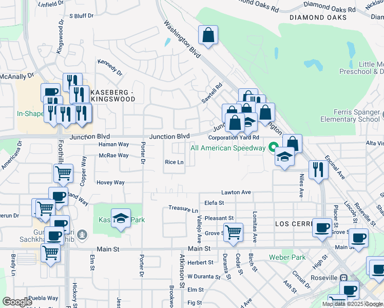 map of restaurants, bars, coffee shops, grocery stores, and more near 512 Adora Circle in Roseville