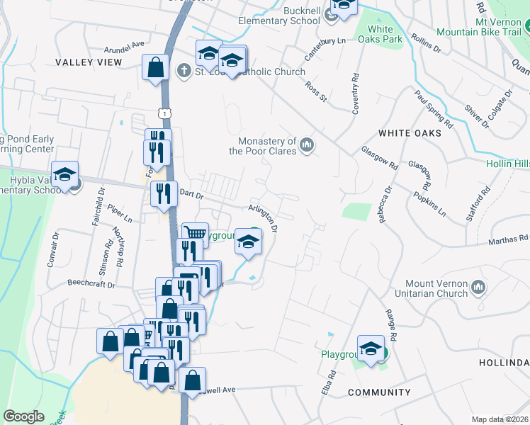 map of restaurants, bars, coffee shops, grocery stores, and more near 2637 Arlington Dr in Alexandria