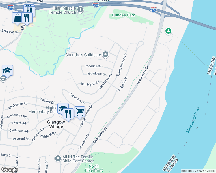 map of restaurants, bars, coffee shops, grocery stores, and more near 10657 Spring Garden Drive in Saint Louis