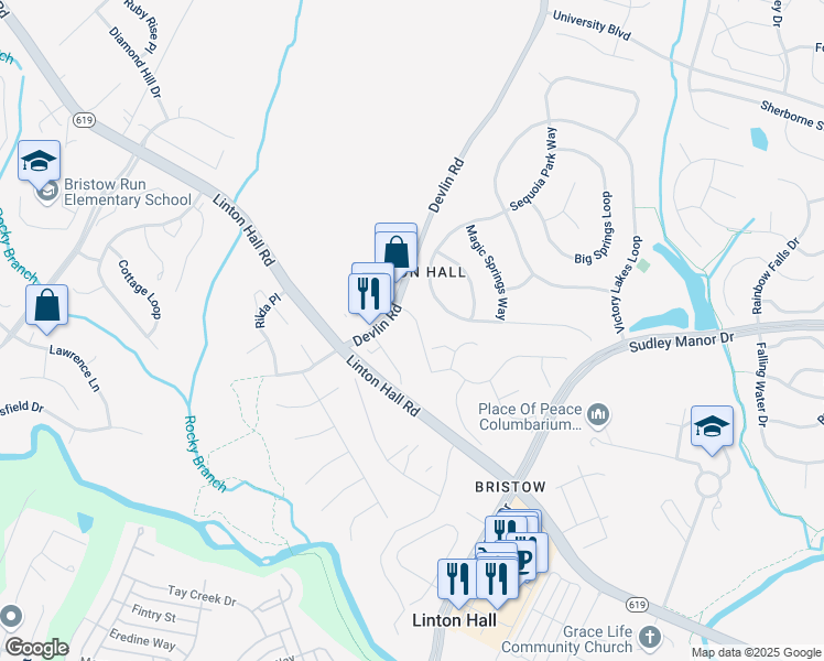 map of restaurants, bars, coffee shops, grocery stores, and more near 9212 Ashleys Park Lane in Bristow