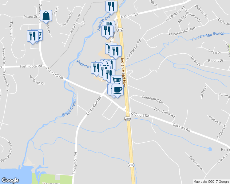 map of restaurants, bars, coffee shops, grocery stores, and more near 9598 Livingston Road in Fort Washington
