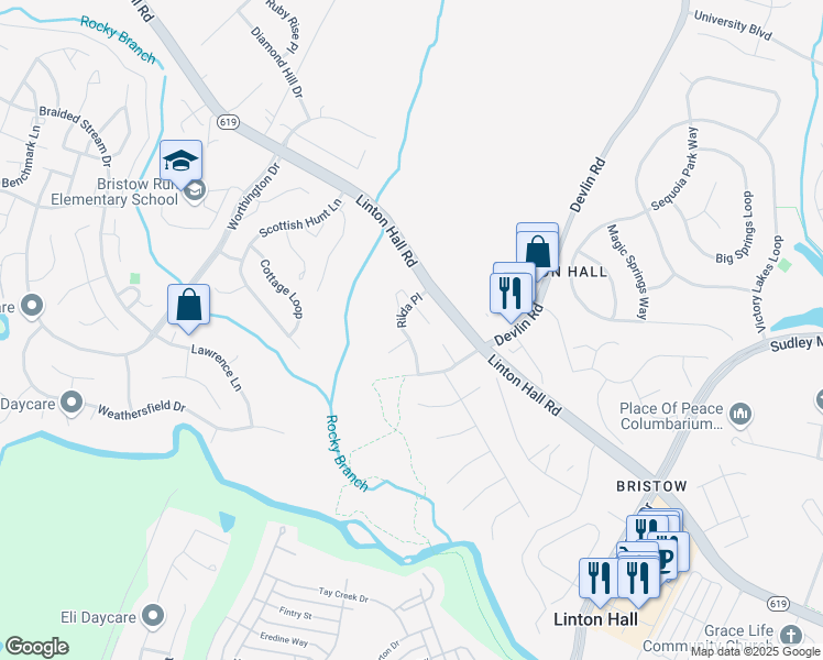 map of restaurants, bars, coffee shops, grocery stores, and more near 9171 Rilda Place in Bristow