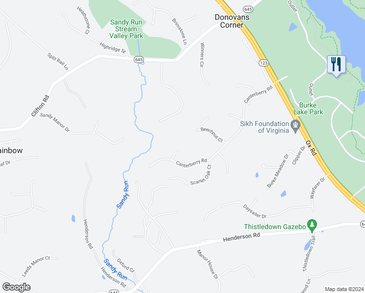 map of restaurants, bars, coffee shops, grocery stores, and more near 10650 Canterberry Road in Fairfax Station