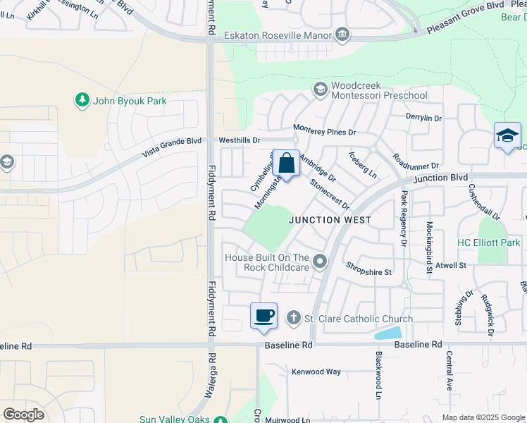 map of restaurants, bars, coffee shops, grocery stores, and more near 1831 Morningstar Drive in Roseville