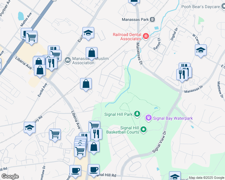 map of restaurants, bars, coffee shops, grocery stores, and more near 8204 Maude Lane in Manassas