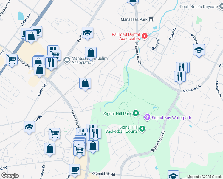 map of restaurants, bars, coffee shops, grocery stores, and more near 8204 Maude Lane in Manassas